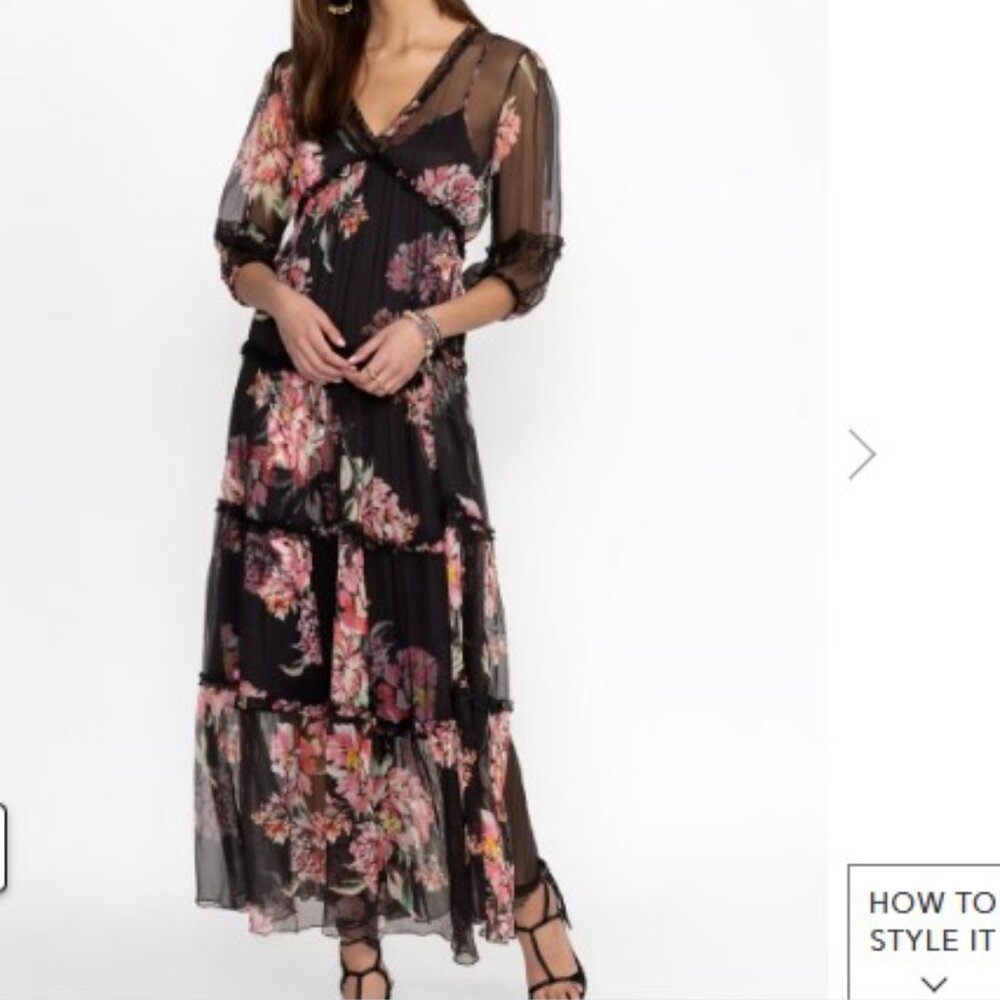 Johnny Was Jade Black Lizzy Ruffle Floral Chiffon Maxi Dress - XL